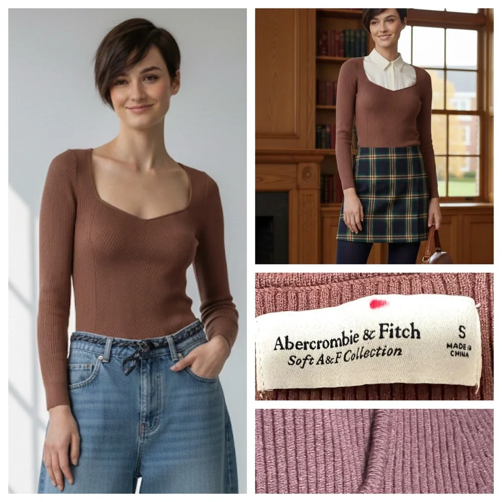 Abercrombie Fitch LuxeLoft Top Women's Ribbed Sweetheart Neck Brown Sz S Preppy - Picture 1 of 16